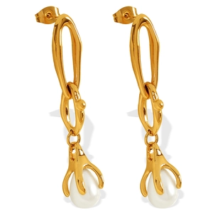 Elegant 18K gold plated long drop earrings with artistic chain link and pearl accents