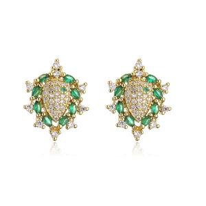 Luxurious 18K gold plated geometric stud earrings with green stones and clear zirconias