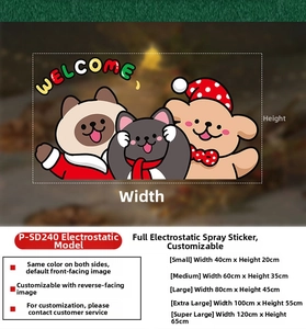 Size chart for static Christmas window stickers featuring cartoon cats and bears