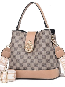 Women PU Leather Bucket Bag Monogram Print Checkered Crossbody Handbag With Wide Shoulder Strap Large Capacity Retro Fashion