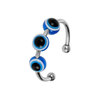Adjustable silver evil eye anxiety ring featuring rotating beads and horseshoe design
