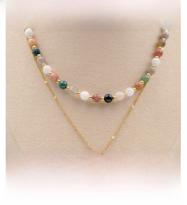 Close-up of double-layer necklace with colorful stone beads and white pearl pendant