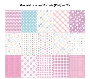 Detail showing 15 unique geometric and floral patterns of decorative scrapbook paper set