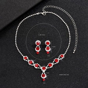 Detailed size chart for red crystal bridal jewelry set including necklace and earrings