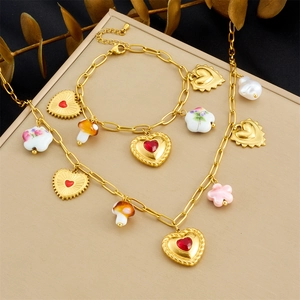 Gold Plated Stainless Steel Necklace And Bracelet For Women Vintage Heart Mushroom Flower Ceramic Charms Court Style Jewelry