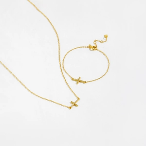 Elegant gold S925 silver cross necklace and bracelet set with sparkling white zircon