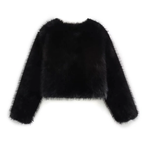 Detail of premium black faux fur texture on a short-style elegant women's jacket