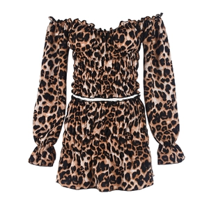 Women's leopard print two-piece set featuring off-shoulder crop top and high-waisted skirt