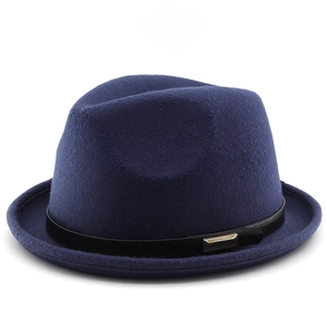 Classic dark blue wool felt fedora hat with black leather band and gold buckle detail