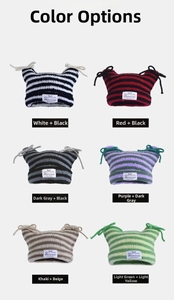 Detailed grid of striped knit beanies with cat ears and bows in various color options