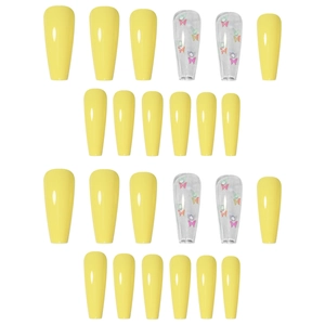 Long coffin false nails with bright yellow design and colorful butterfly nail art decals