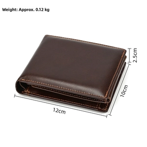 Detail view of brown leather tri-fold wallet showing dimensions 12cm x 10cm x 2.5cm