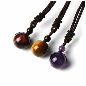 16mm natural tiger eye and amethyst stone bead necklaces with woven cord pendants