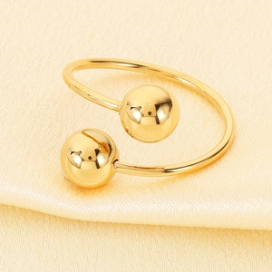Polished 18k gold plated stainless steel open ring with minimalist geometric double balls