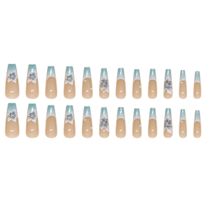 Blue French press-on nails with 3D orchids, pearls, and coffin shape design