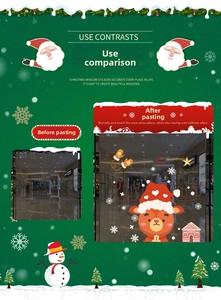 Detail showing Santa reindeer and snowflake window decals before and after application