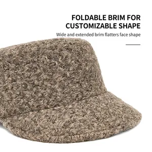 Brown fuzzy flat top baker boy hat with wide foldable brim for women in winter