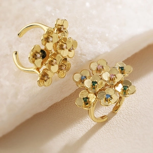 Bohemian Flower Petal Ring Exaggerated Retro Open Adjustable Copper Zircon Gold Plated Jewelry For Women