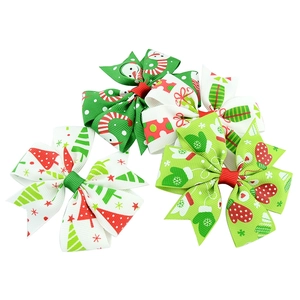 Kids Christmas bow hair clips set with snowman and bell prints on grosgrain ribbon
