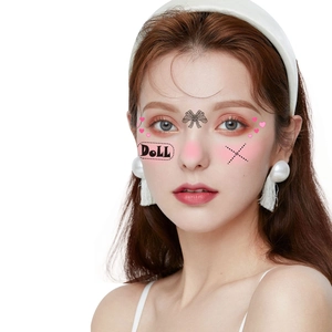 Waterproof face tattoo stickers featuring doll text and heart bow designs for parties