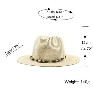 Men's Panama straw hat with colorful beads and flat brim showing full size measurements