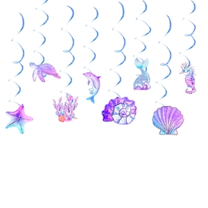 Mermaid birthday party decorations with ocean themed watercolor hanging swirls, 8 piece set