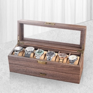 Uhrenbox aus dunkelbraunem Holz für 6 Uhren mit Glasdeckel und extra Schublade