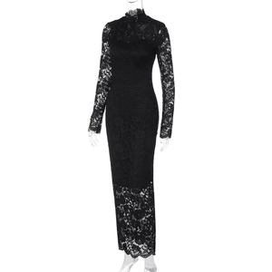 Detail shot of the intricate floral lace embroidery on this black bodycon dress