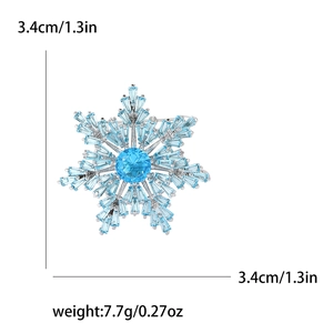 Sparkling blue crystal snowflake brooch pin with silver metal base and dimension details