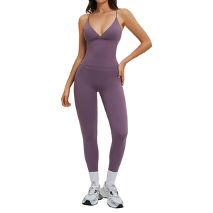 Violet high-waist yoga set with criss-cross back sports bra and elastic leggings