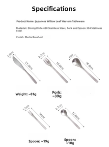 Size chart showing matte 304 stainless steel cutlery dimensions and weight details