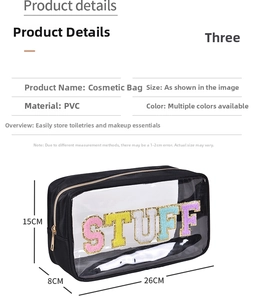 Waterproof clear PVC makeup bag showing dimensions 26x15x8cm with STUFF letter patches
