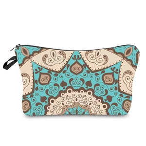 Close-up of mandala floral pattern on travel cosmetic bag with a secure zipper closure