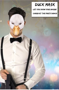 Detail of a white duck mask with orange beak and feather texture for costume parties