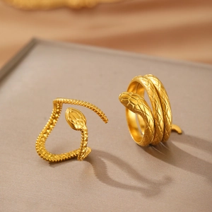 Elegant 18K gold plated snake-shaped open rings with detailed scale texture for women