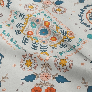 Macro shot of colorful paisley and floral patterns on bohemian cotton tapestry fabric