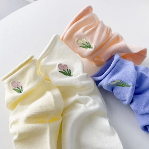 Japanese style macaron cotton slouch socks with tulip embroidery in four pastel colors