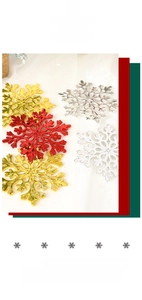 Close-up of sparkling Christmas snowflake ornaments in gold, red and silver with glitter