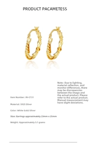 Detailed view of S925 sterling silver twisted rope hoop earrings in gold finish