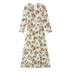 French vintage floral wrap dress with red roses, V-neck and long sleeves on white background