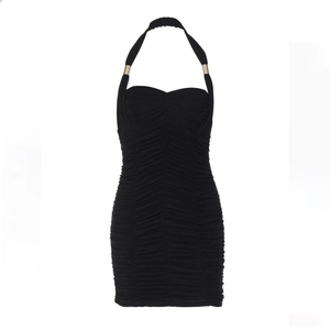 Sexy black halter neck ruched bodycon mini dress with gold metallic hardware accents