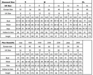 Detailed size chart for blue evening dress including US sizes from 2 up to plus size 26W