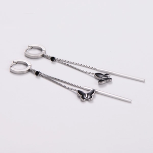 Minimalist stainless steel butterfly long tassel drop earrings with black enamel detail