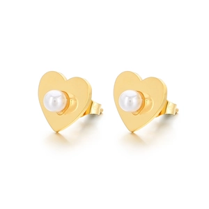 Boucles d'oreilles cœur en acier inoxydable avec perles blanches et finition dorée