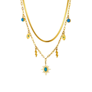Gold double-layered necklace featuring flat snake chain, evil eye charms and lightning pendant