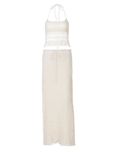 Ensemble blanc chic avec haut licou et jupe longue à cordon de serrage style français