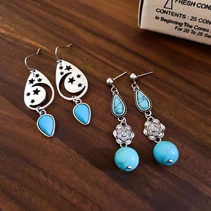 Close-up of bohemian style silver earrings with blue turquoise teardrop pendants on wood