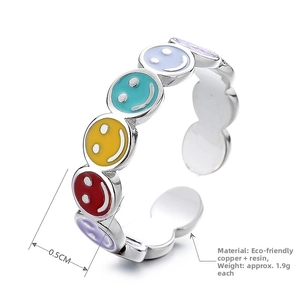 Detail view of colorful enamel smiley face ring with 0.5cm width and eco-friendly copper base