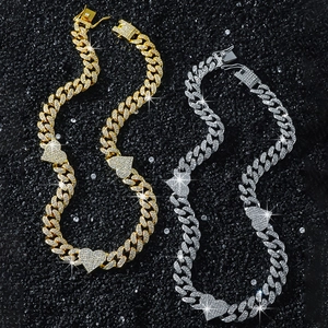 Classic 13mm iced out Cuban chain necklace with heart pendants in gold and silver finish