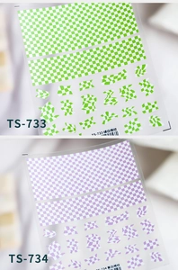 Detailed comparison of green and purple checkerboard 5D embossed nail art stickers